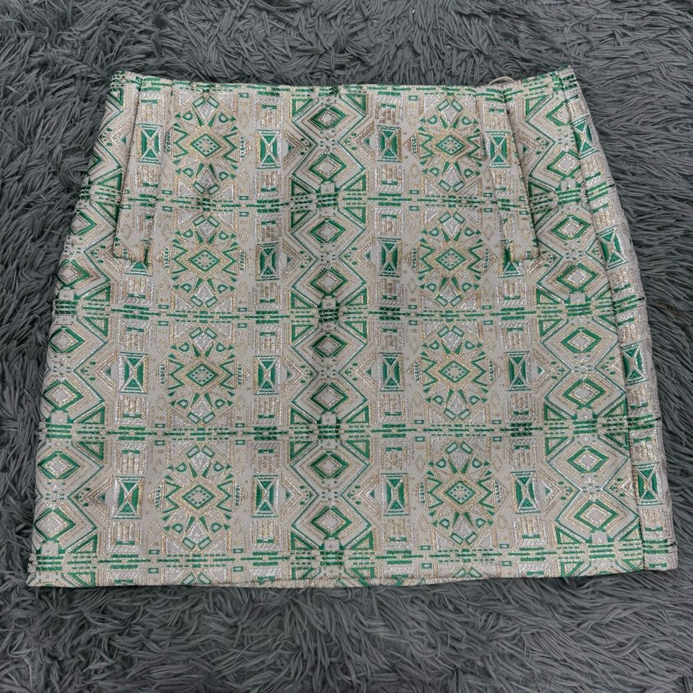 J. Crew Green and Cream Patterned Mini Skirt